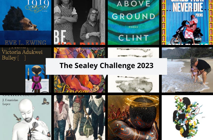 Small cover images of some of the listed books, with the text ‘The Sealey Challenge 2023’ superimposed in the center.