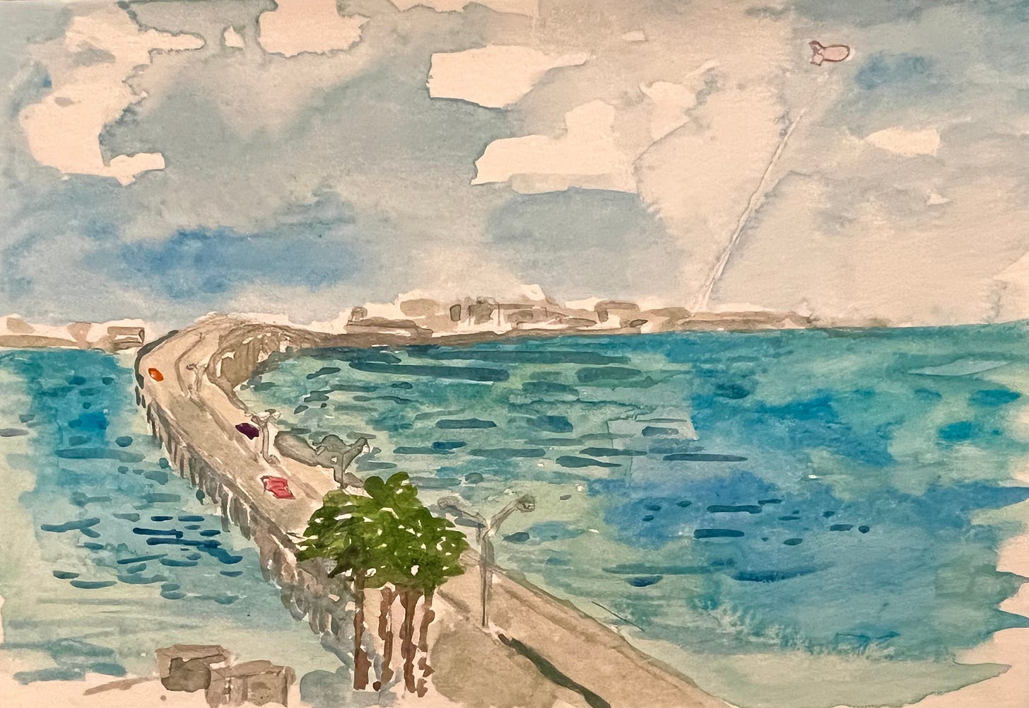 Watercolor postcard of South Padre causeway with water, high-rises and border blimp