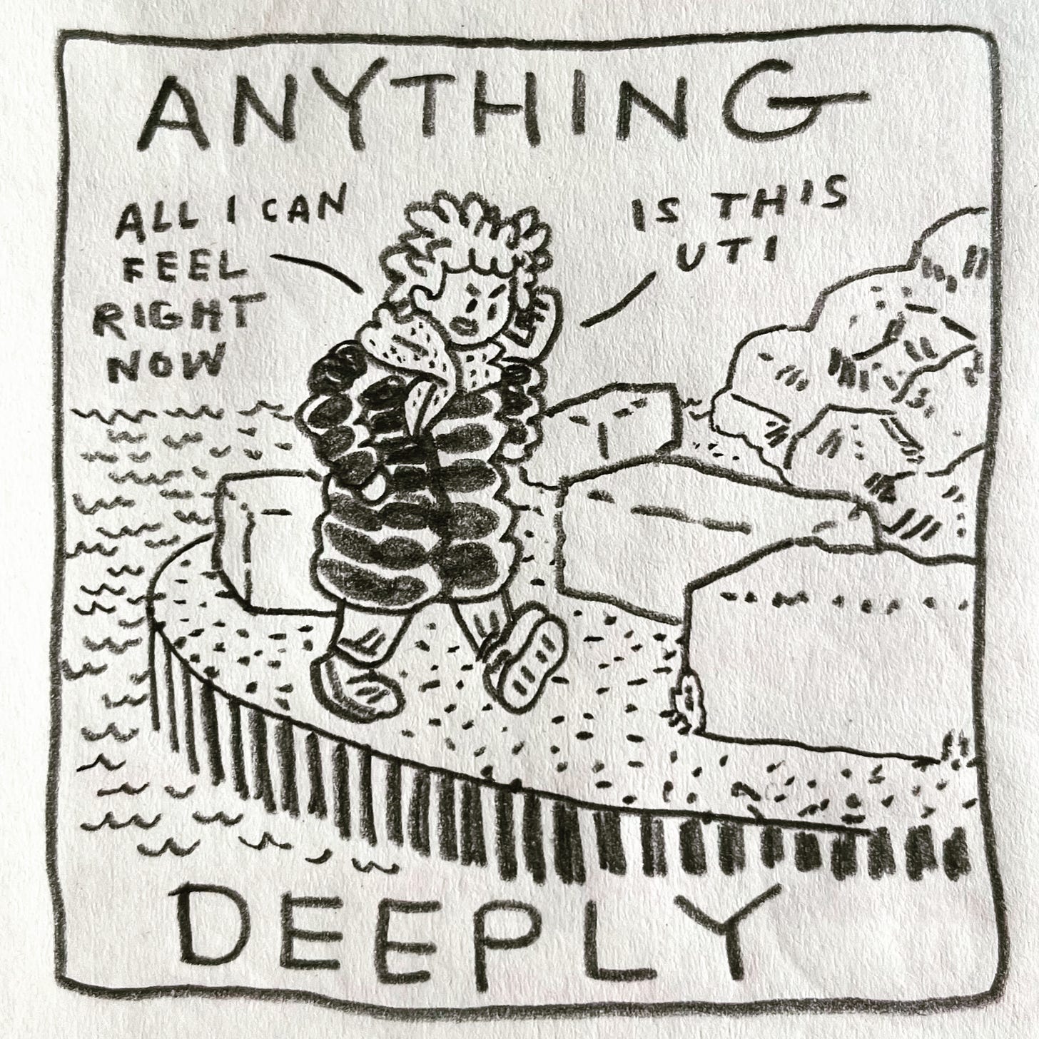 Panel 3: anything deeply Image: Lark is walking outside again, wearing a different puffy black coat. They walk past concrete benches on an outcropping overlooking Lake Michigan. They look grumpy, speaking into the phone held against her face, “all I can feel right now is this UTI"