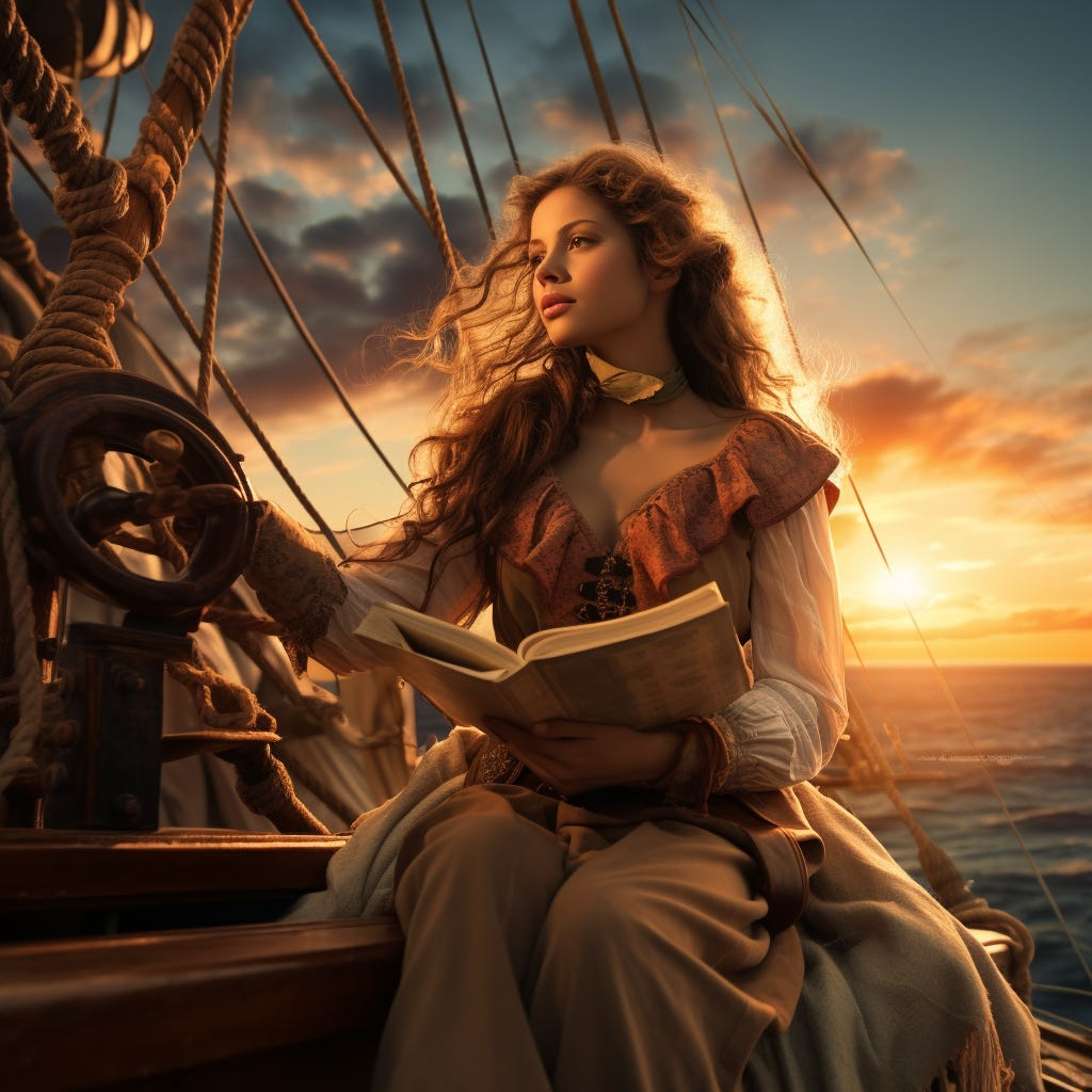 Pretty young woman sits on a sailing ship in golden sunset light holding a book