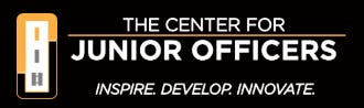 Logo of The Center for Junior Officers, featuring a black background with white and gold text. The design includes a stylized gold and white emblem on the left, resembling a rank insignia, with the tagline Inspire. Develop. Innovate. displayed underneath the organization's name.