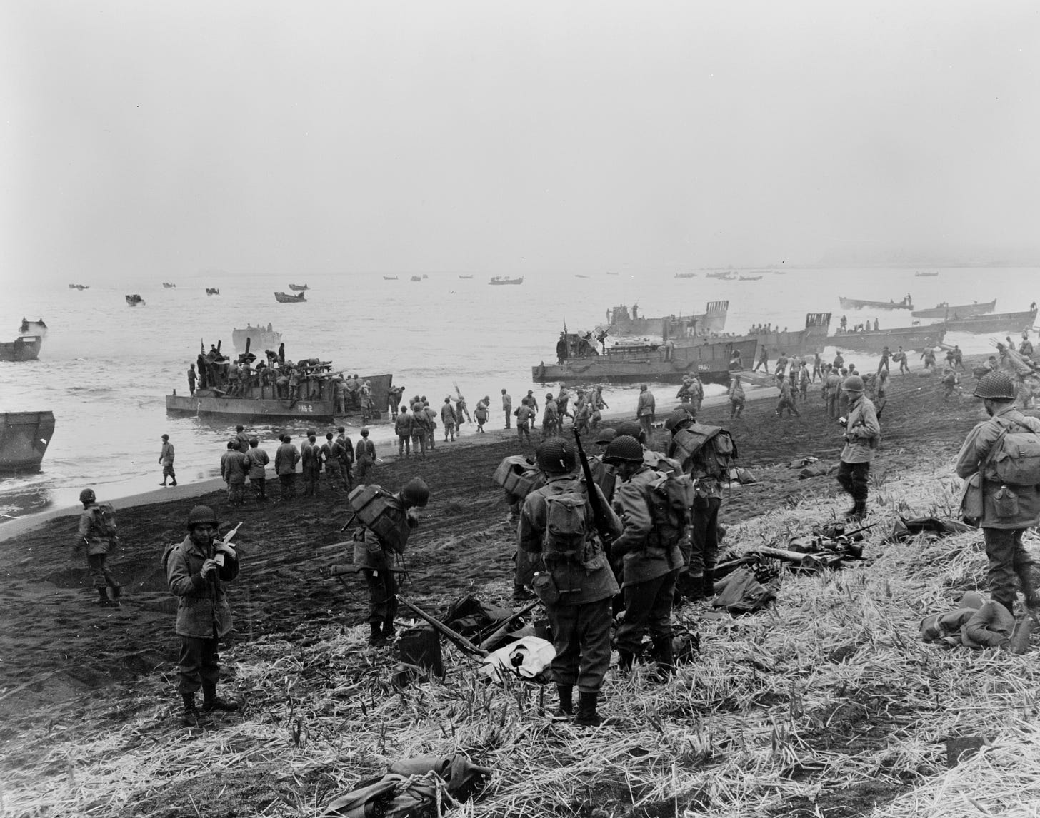 Americans land on the beach at Attu.