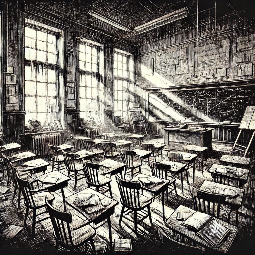 A  black and white sketch of an old college classroom in a slightly disheveled state.