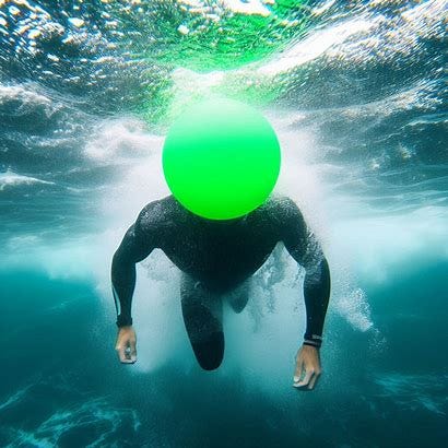 Underwater photo of a man in a wetsuit swimming under choppy waves in the ocean. The man doesn't have a head but instead has a basic bright neon green sphere in its place. 