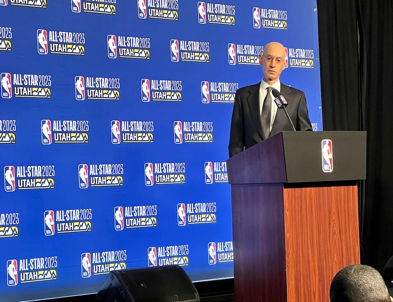 Adam Silver talks with reporters at All-Star Weekend 2023 in Salt Lake City.