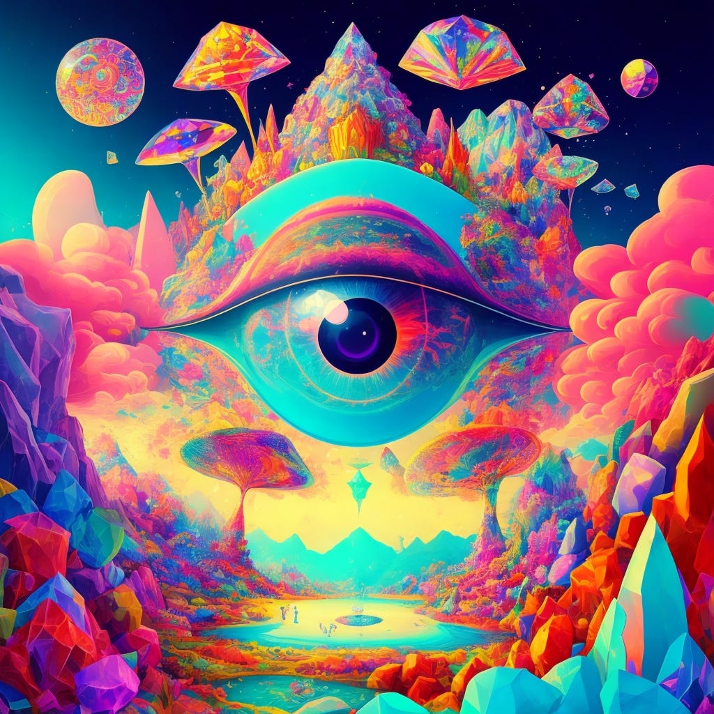 psychedelic surreal cartoon crystal clear vision