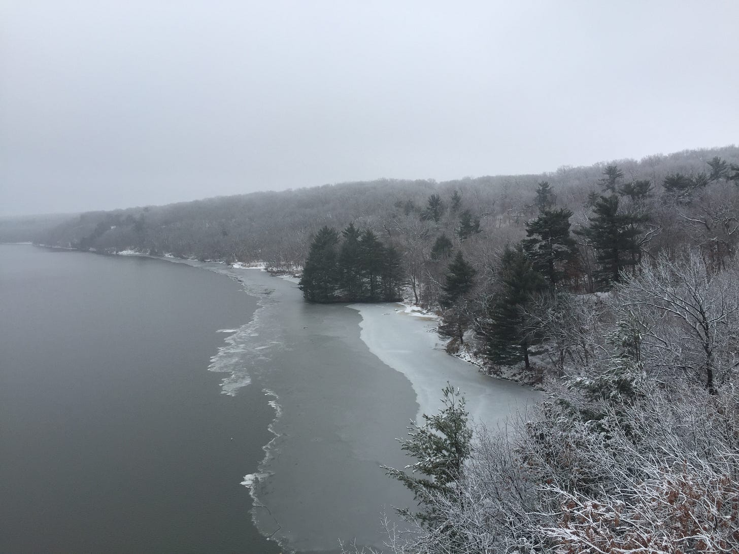 A partially frozen river with snow-dusted trees on the bank.