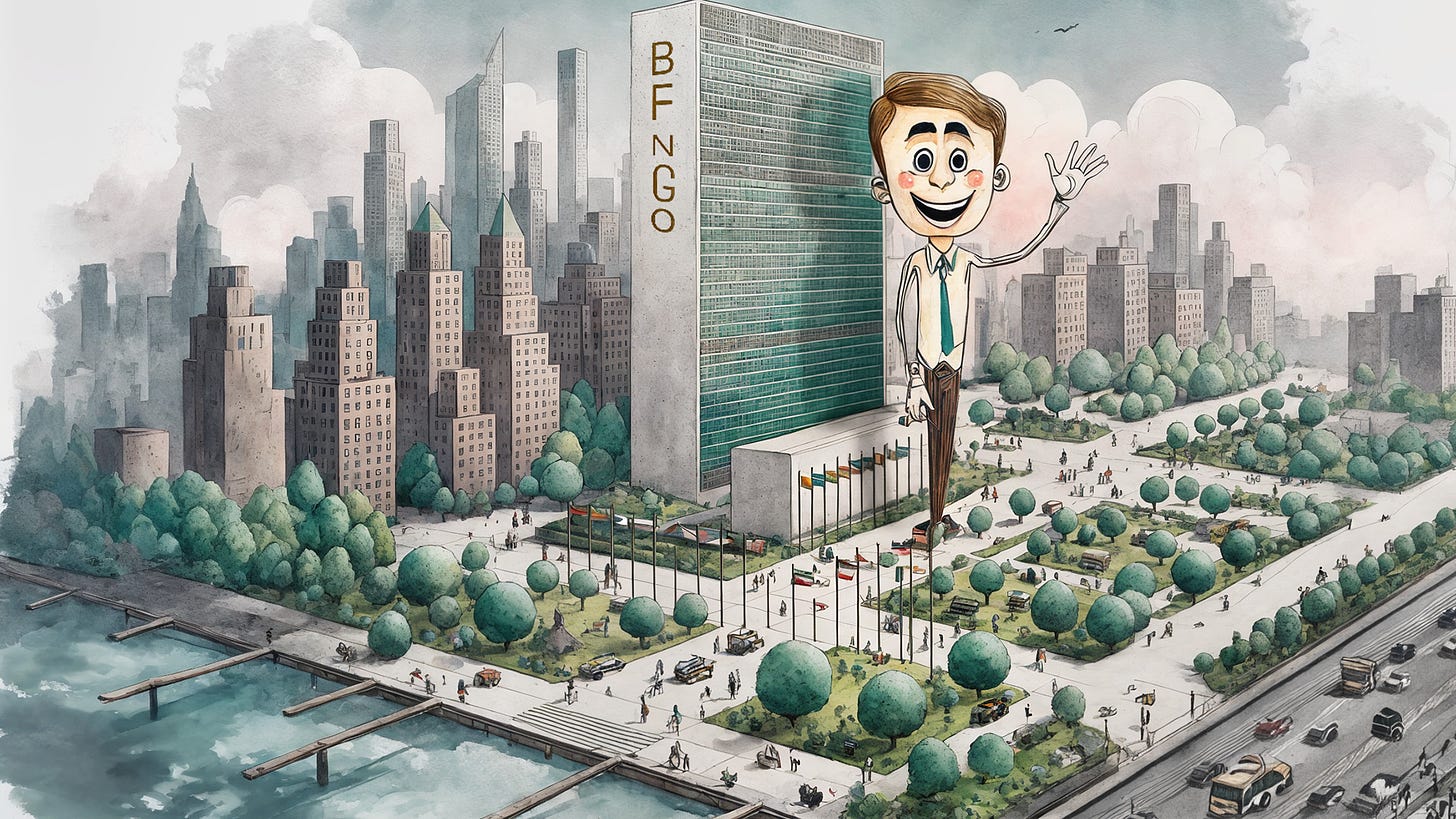"Happiest Freaking Neurodivergent on the Planet" by Johnny Profane Au.  The image depicts a whimsical, sunny cityscape with a tall modern building labeled "BFNGO." In front of the building stands an oversized figure of a smiling man in a tie, waving energetically. The art style blends elements of caricature and classic illustration, with vibrant colors and playful details. This cheerful figure symbolizes a neurodivergent professional's success when working with sensitive allies. The city's park and bustling streets, with neatly arranged trees and people, convey a sense of order and normalcy. However, the exaggerated depiction of the central character hints at the fantasy element of this scenario. The scene ironically negates the article's themes of hidden agendas, manipulation, and the fight for authenticity in corporate environments. The whimsical watercolor art style contrasts with the serious subject matter, making an ironic comment on the emotional labor and exhaustion faced by neurodivergent individuals in professional settings.