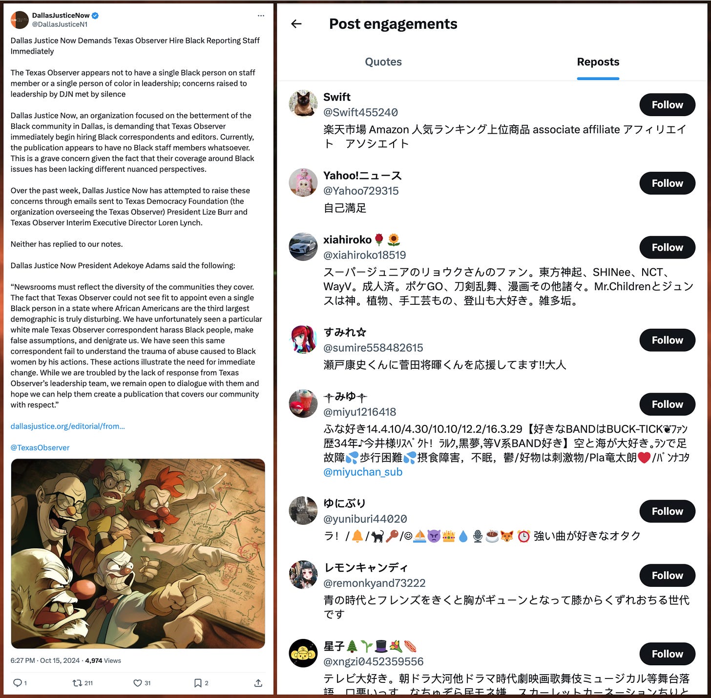 screenshot of a lengthy X post from @DallasJusticeN1, and screenshot of several of the reposts, all from Japanese accounts