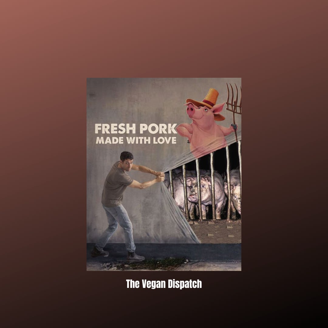 Behind the facade of contentment, the harsh reality awaits. This cheerful pig represents the misleading portrayal of animal farming, starkly contrasted by the grim conditions many animals endure, hidden just out of sight.