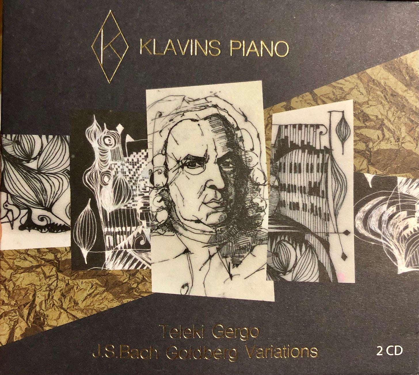 CD album cover of Teleki Gergo's JS Bach Goldberg Variations, from Klavins Piano. Cover art features sketch of J. S. Bach