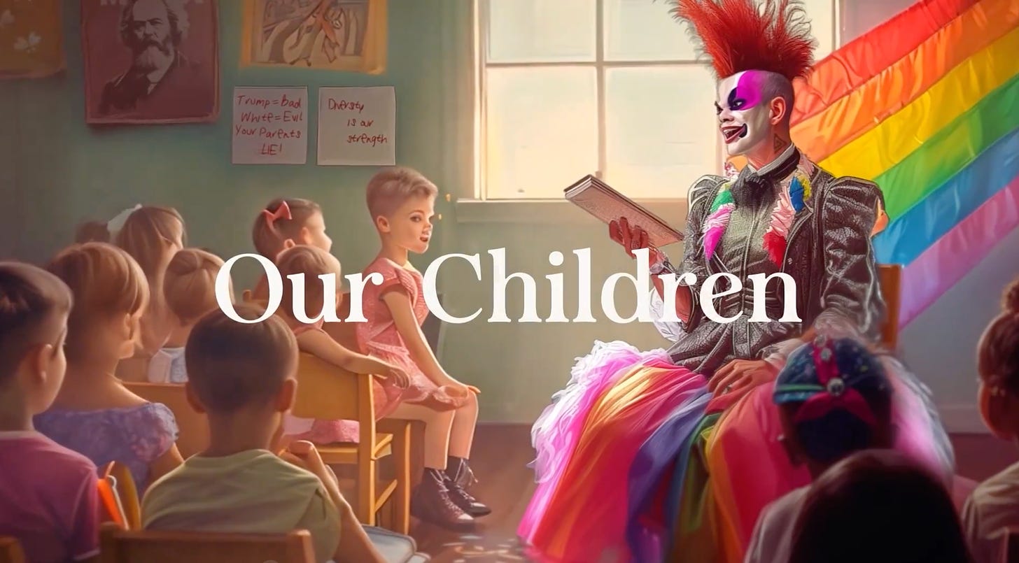 AI image of evil drag queen reading to children