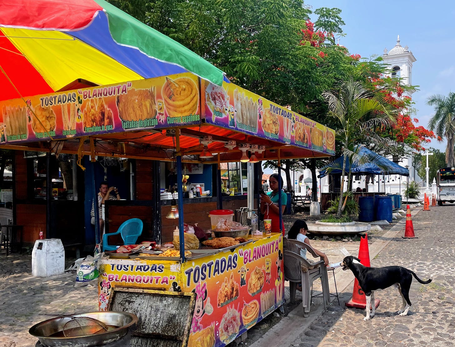 A dog watches a girl sitting beside a tostada cart, with a large white church in the background