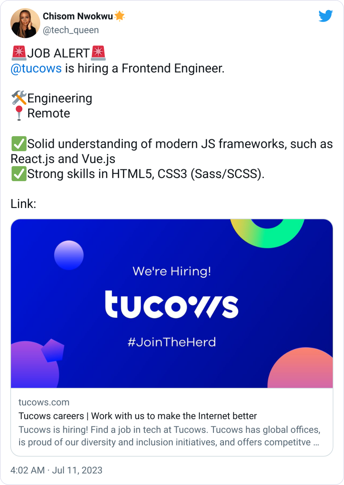 Chisom Nwokwu🌟 @tech_queen 🚨JOB ALERT🚨 @tucows  is hiring a Frontend Engineer.  🛠️Engineering 📍Remote  ✅Solid understanding of modern JS frameworks, such as React.js and Vue.js ✅Strong skills in HTML5, CSS3 (Sass/SCSS).