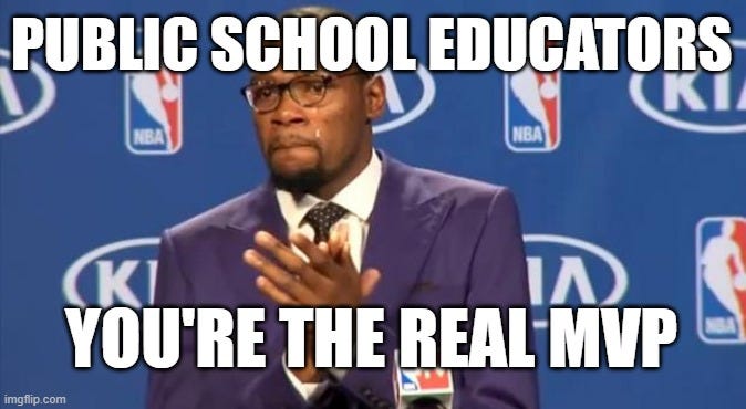 Man in suit in front of NBA-branded backdrop claps his hands. Caption: Public school educators. You're the real MVP"