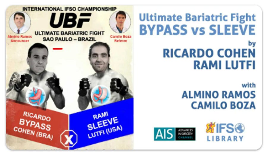 A poster meant to look like an advertisement for a UFC fight. The doctors heads are photoshopped onto muscular bodies, shirtless with boxing gloves. the text says “International IFSO Championship UBF Ultimate Bariatric Fight Sao Paulo - Brazil Bypass vs Sleeve by Ricardo Cohen, Rami Lufti with Almino Ramos, Camilo Boza, AIS IFS Library