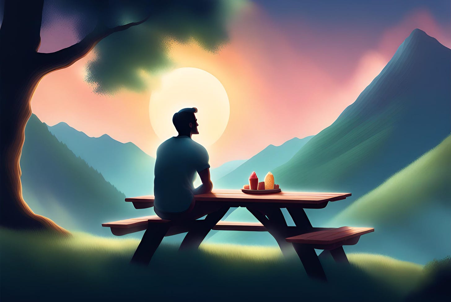 Illustration of a man sitting at a picnic table watching a sunset