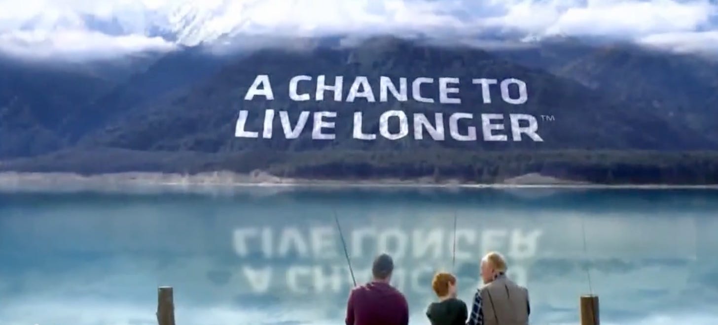 A beautiful coastline with "A Chance to Live Longer TM" superimposed over it