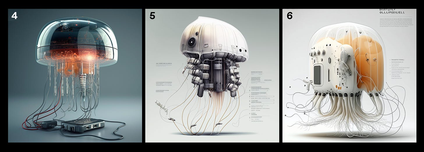 3 images of a robot that resembles a jellyfish with many wirelike tentacles.