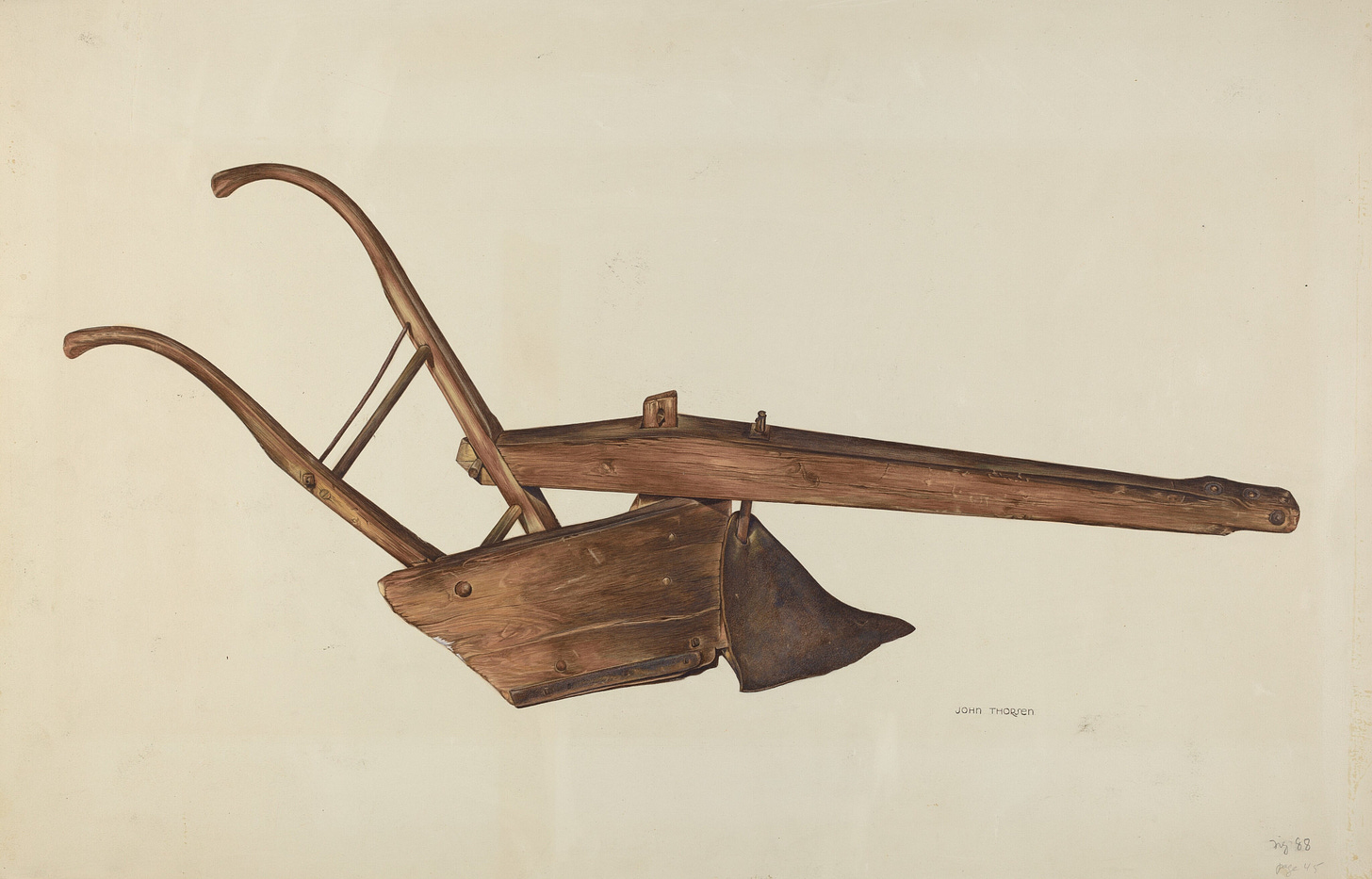 Image of a wooden plow with a metal blade. There are handles in the back for a person to hang onto and a wooden beam with a post going through it so it can pivot back and forth but it is anchored in the base of one of the handles which would prevent pivoting. Animals were probably hooked to the beam to pull the plow.