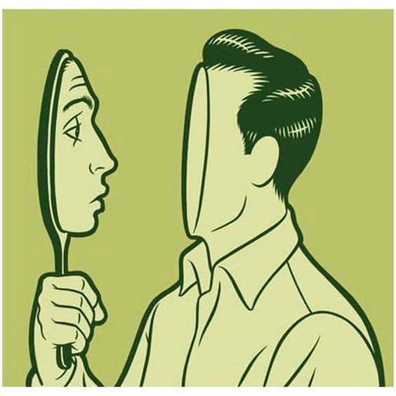 An image of a figure holding a hand mirror (with their face on it) towards their face