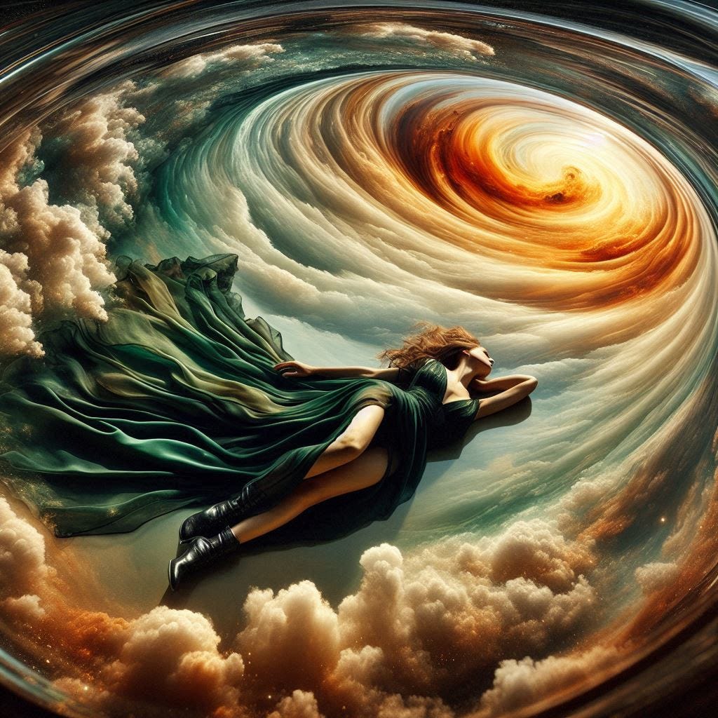 resin sun inside glass; tiltshift /flying at angles/ 8d angled glass embedded /beautiful, Malian woman leaning into camera/ velvet green, cream, black silk/ black leather boots. water in resin/ ; she is at Monks mound at Cahokia / amber cream,tsunami full of fire/ reverberating waves. black hole in floor/ water in resin verdigris/ In the style of Michael Parkes. black etching/ black linework/ daytime sky/fluffy clouds 