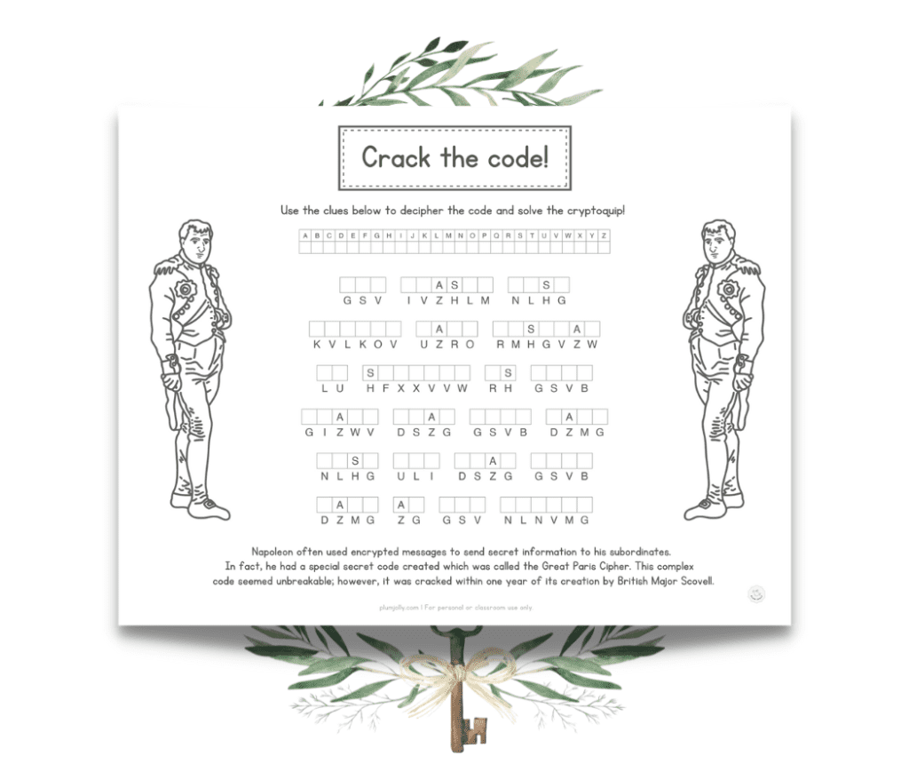 A printable cryptogram features a Napoleon Bonaparte quote.