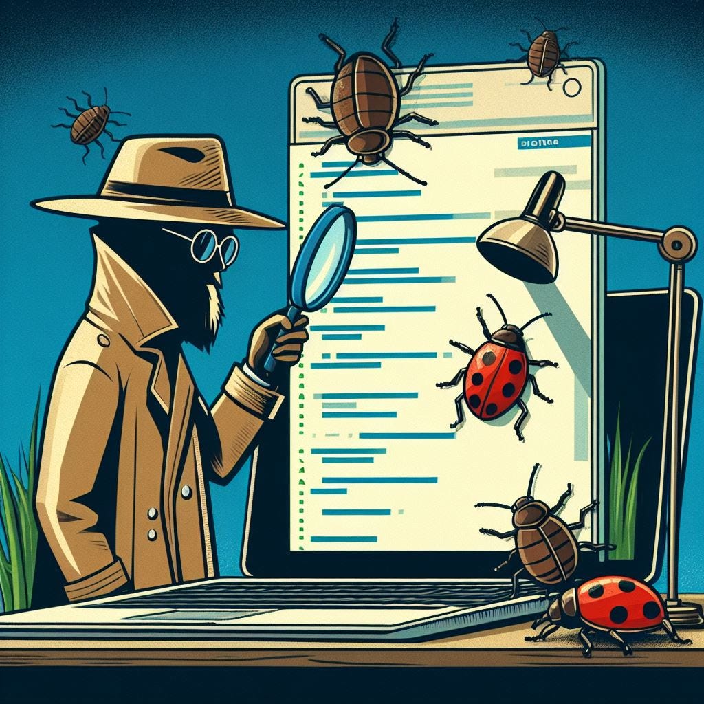 blog post image about a detective inspecting lines of code with bugs crawling around