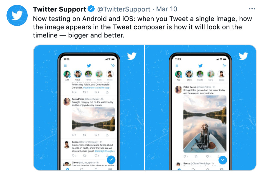 Tweet from Twitter Support about tweeting a single image and how it appears in the timeline