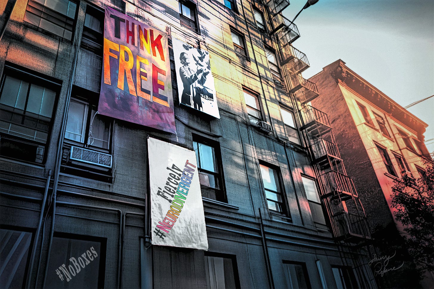 Urban apartment building exterior with fire escapes, late afternoon lighting casting warm orange glow. Three banners hang vertically: "THINK FREE" in bold gradient text against purple-orange sky, black-and-white portrait of figure releasing birds, and "#NEURODIVERGENT" in rainbow gradient. "#NoBoxes" stenciled at street level. Dramatic angles and cinematic color grading emphasize themes of breaking free from constraints, celebrating neurodivergent identity through street art aesthetic.