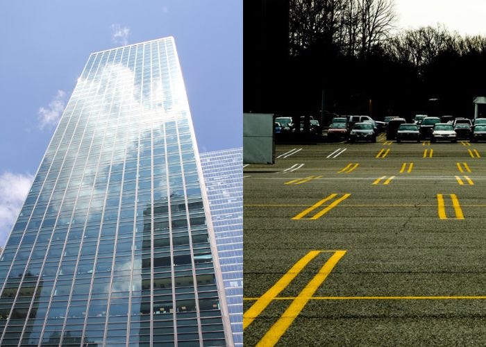 Skyscraper and a parking lot. Skyscraper and a parking lot.