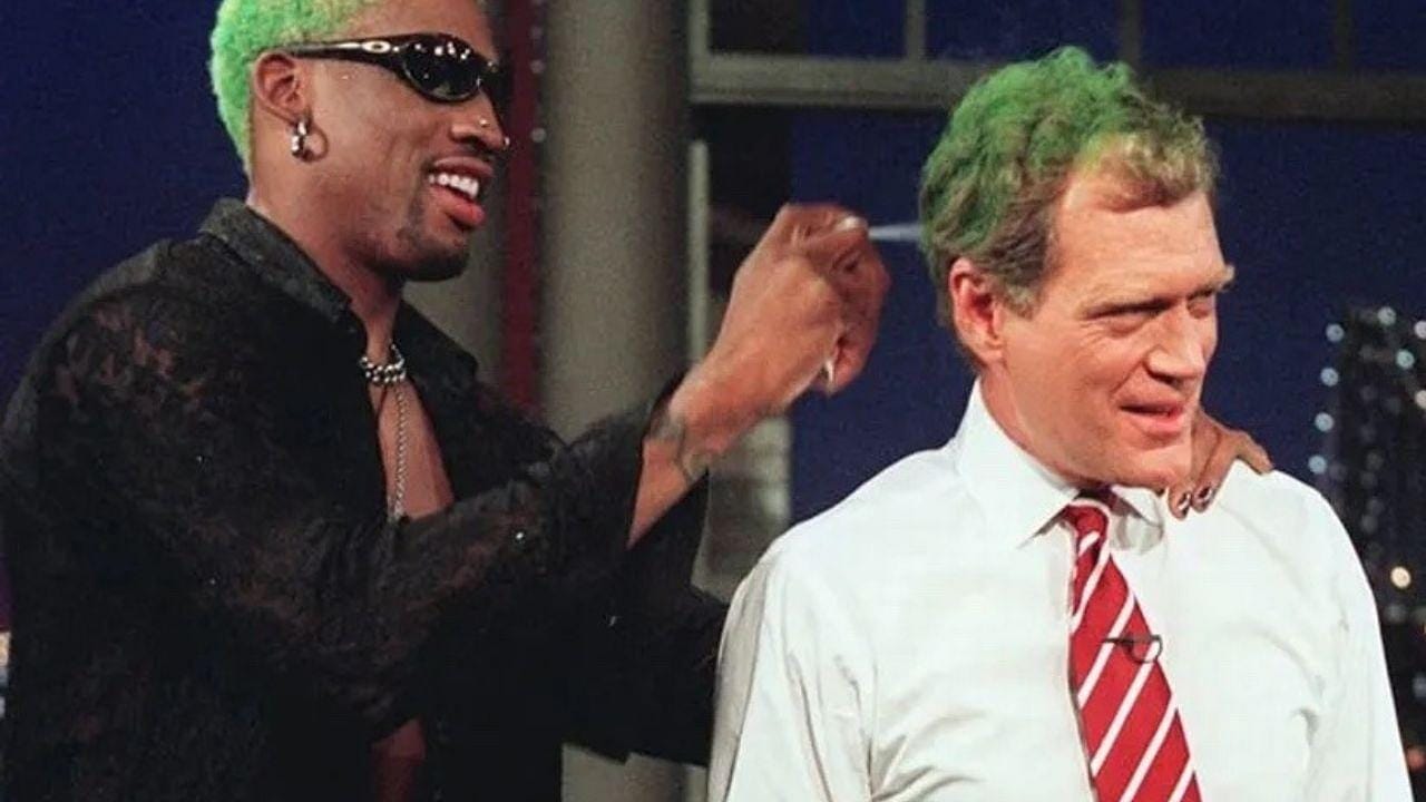 Thought having Dennis Rodman's green hair would be goofy, but it looks  alright!": When Bulls #91 color sprayed David Letterman's hair on National  TV - The SportsRush