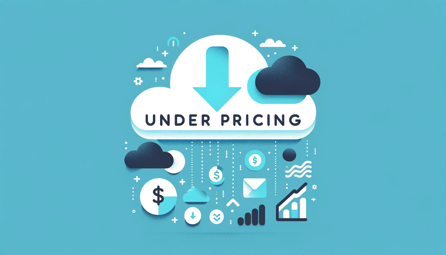 Create a flat design image representing the concept of 'underpricing B2B SaaS' using only three colors: sky blue (#06b6d4), pale cyan (#ecfeff), and dark navy blue (#0f172a). The design should feature flat iconography, such as a minimalist cloud to represent SaaS, a downward arrow for underpricing, and business elements. Ensure the design is clean, with no gradients, textures, words, letters, numbers, or additional details. The image should be perfect for a resolution of 1920x1080, with no depth or shadows, embodying a minimalist and modern aesthetic.