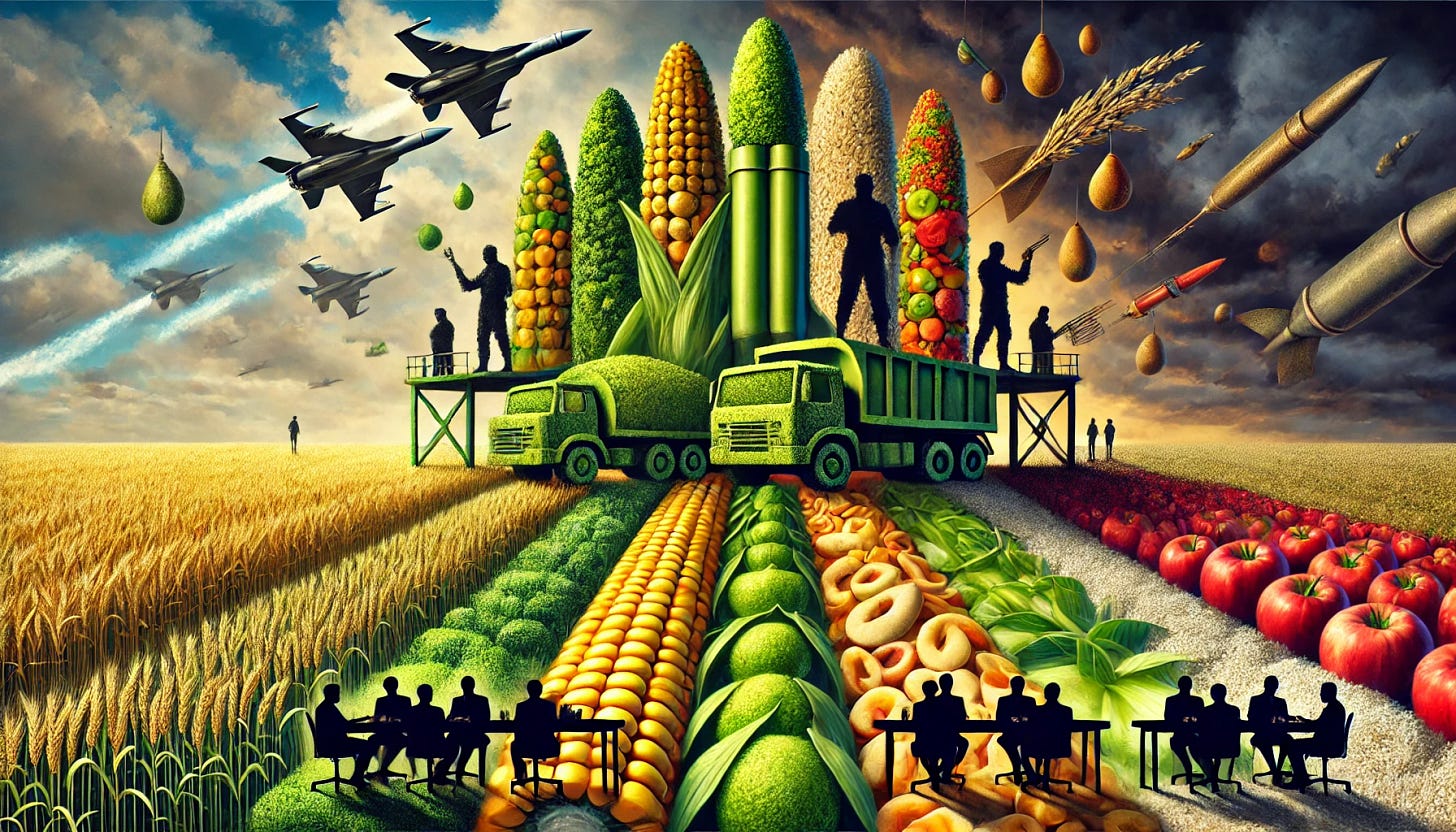 A conceptual artwork titled 'Food as a Weapon: From Crops to Consequence.' The image depicts a dramatic juxtaposition of agricultural abundance and its weaponized consequences. On one side, lush fields of wheat, corn, and rice are shown in vibrant colors, symbolizing life and prosperity. Gradually transitioning, the scene morphs into abstract representations of conflict, with shapes resembling missiles, grenades, and barbed wire crafted from food elements. Incorporated into the transition are shadowy figures representing humans working for corporations. These figures appear as faceless, suited silhouettes behind desks, manipulating the transformation of food into tools of conflict, symbolizing their role in orchestrating this against humanity. The color palette shifts from bright greens and golds to dark reds and grays, emphasizing the sinister undertone. The scene is highly symbolic and thought-provoking, designed to critique the role of corporate interests in global power dynamics and conflict.