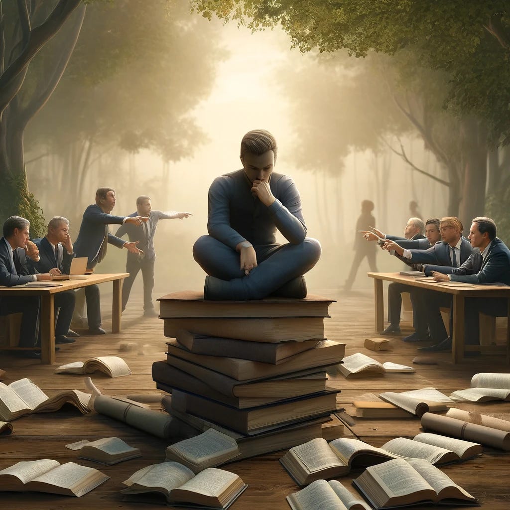 Create a photorealistic and striking image that visually represents the quote 'Thinking is difficult, that's why most people judge.' Depict a person sitting alone in a thoughtful pose, perhaps in a quiet, natural setting like a park or forest. Surround them with open books and scattered papers, symbolizing deep reflection and study. In the background, show a group of people chatting and pointing, representing quick judgments and gossip. The contrast between the solitary thinker and the group highlights the difference between thoughtful reflection and hasty judgment. The overall atmosphere should be contemplative and serene, yet visually striking.