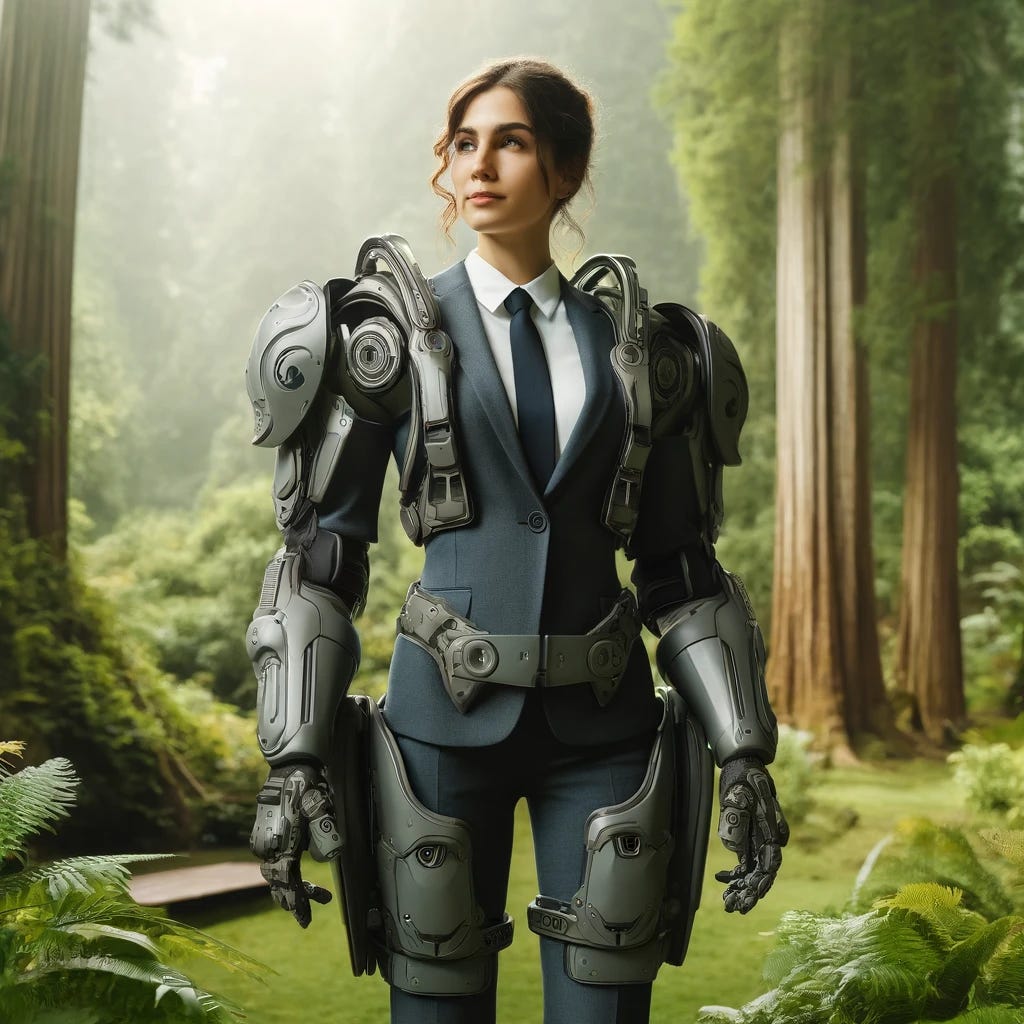 A professional female lawyer in a practical, high-tech exoskeleton suit, set in a natural environment. The suit is designed for functionality, robust and non-sexualized, combining modern legal attire with advanced technology. She stands confidently in a serene outdoor setting, surrounded by lush greenery and tall trees. The natural light highlights the technical and armored components of her suit. This image conveys a blend of technology and nature, emphasizing empowerment and professionalism in a tranquil outdoor setting.