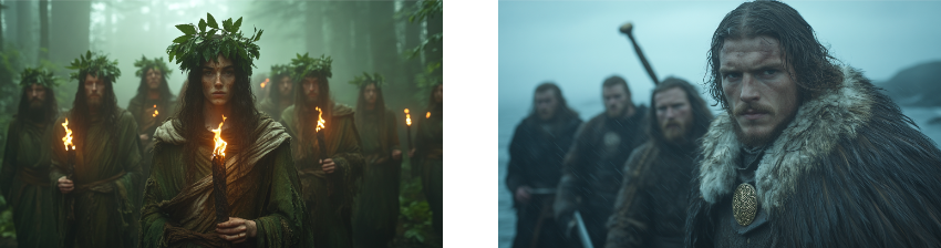 Two cinematic images depicting groups of people in dramatic, historical settings. The left image shows a line of people in forest green robes adorned with leaf crowns, holding torches as they stand in a misty, dense forest, conveying a sense of ancient ritual or ceremony. The right image features a group of rugged warriors in fur-lined cloaks, standing in the rain by a stormy coastline. The foreground figure, intense and determined, gazes ahead while gripping a weapon, evoking a Norse or medieval warrior aesthetic.