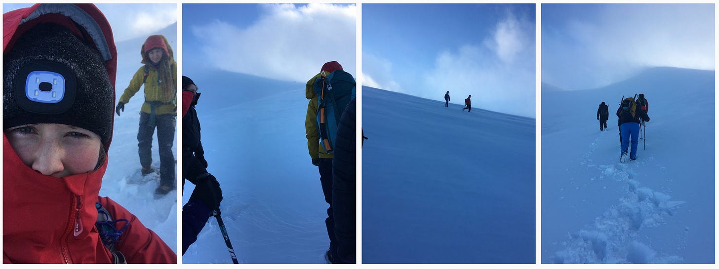 Images: 1. Great shot of Alice grimacing as the wind sweeps around; 2. Fast clouds covering the hikers heading up - then down - the plateau; 3. A pair of climbers running down the slope; 4. Heading up to the ridge itself.