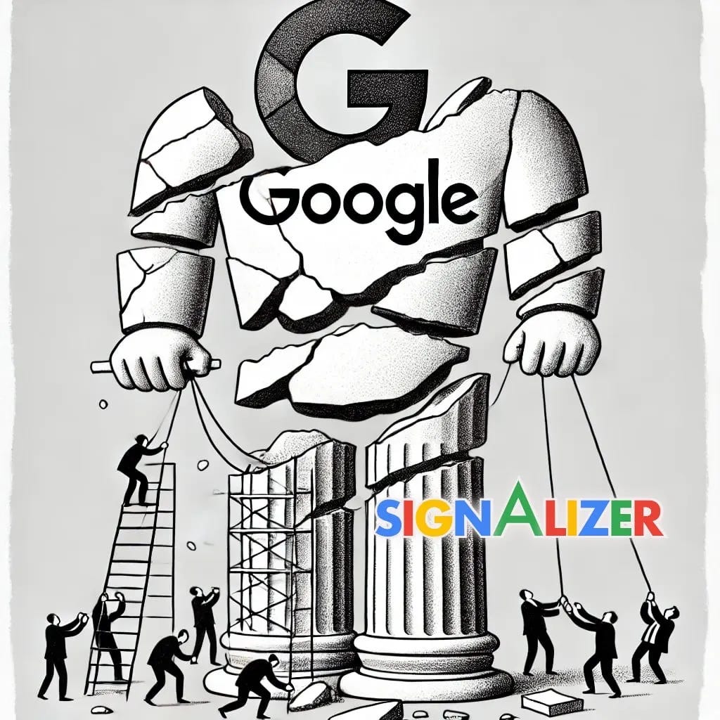 Illustration: Google being pulled to pieces by US regulators.