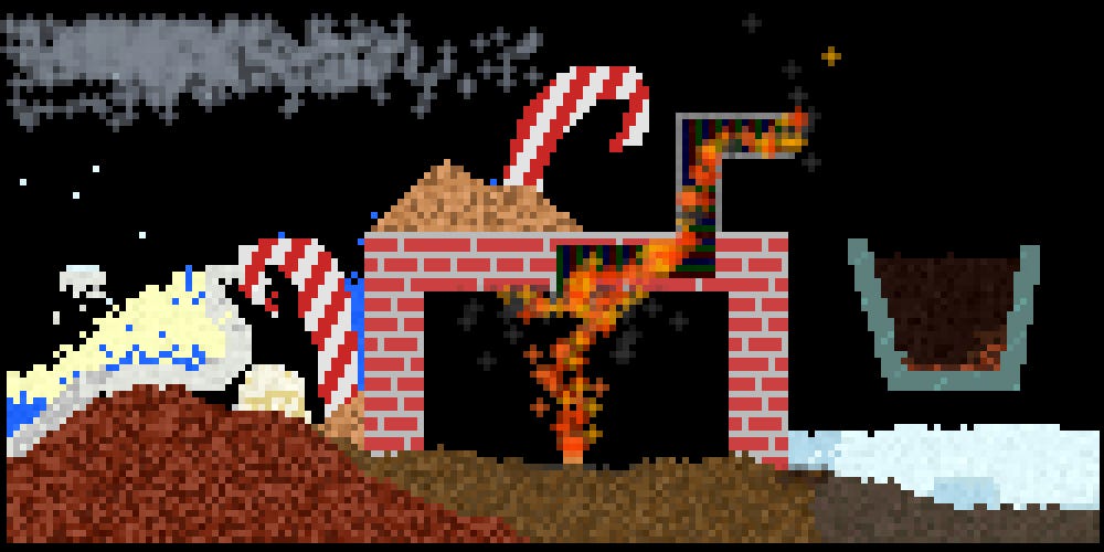 Screenshot featuring many new elements from the update, with a broken bowl of mayonnaise on the left, a fireplace and exhaust pipe in the center, cup of coffee on the right, and candy canes scattered around.