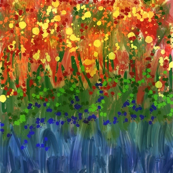 Colorful abstract painting by Sherry Killam arts showing a meadow with bright blooming flowers of blue, green, and oranges.