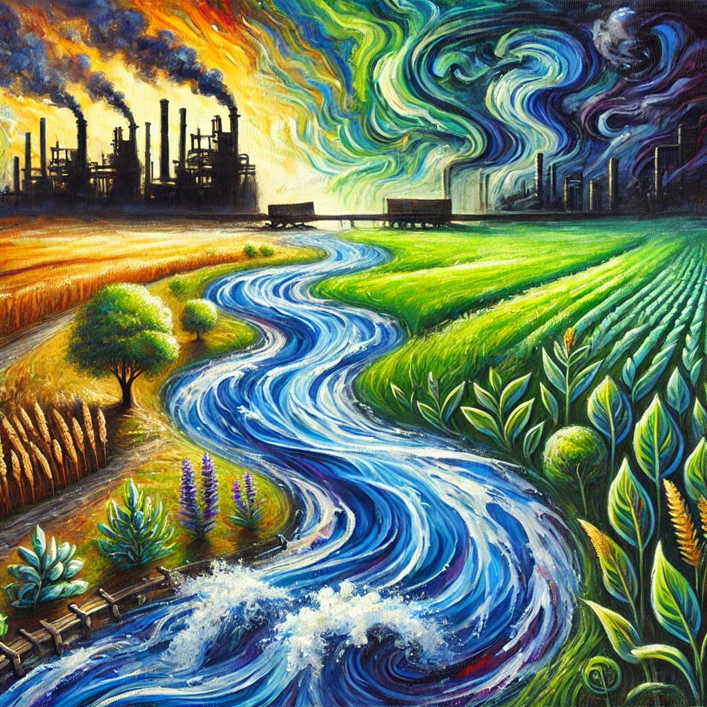 A vibrant oil painting with expressive strokes and rich, bold colors, symbolizing the critique of modern medicine. The scene features flowing rivers with turbulent water symbolizing diagnosis as a business, contrasted with calm, nutrient-rich fields representing natural health. Dark, industrial structures stand at the top of the river, representing the medical industry, while vibrant green plants thrive below, untouched by the harmful practices. The landscape is divided by the flowing water, with energetic, swirling brushstrokes capturing the tension between natural health and industrialized medicine.