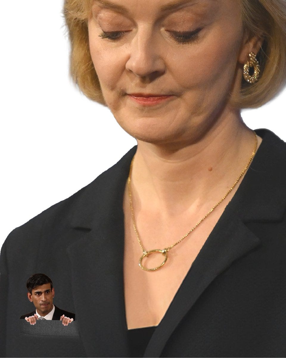 An image of Liz Truss with Rishi Sunak in her pocket.