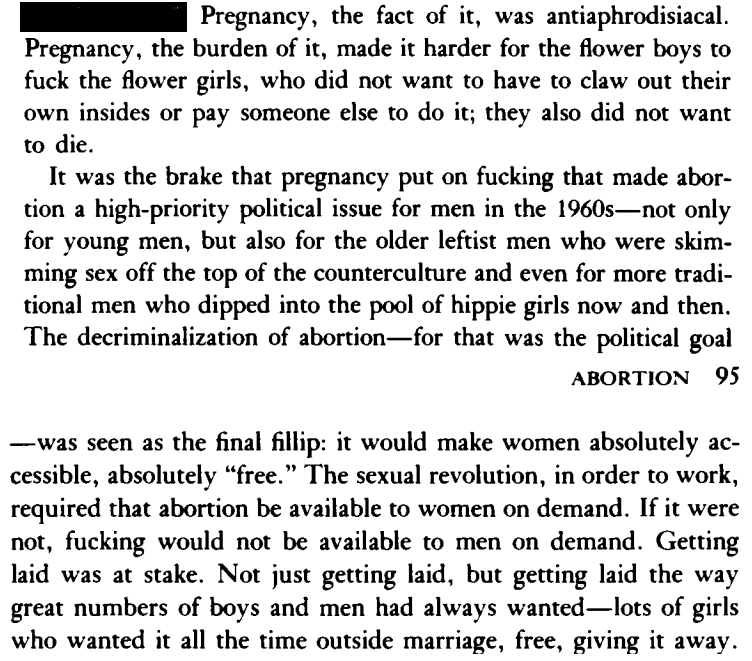 An image from page 94-95 from Andrea Dworkin's book Right-Wing Women. Features the line "getting laid was at stake."