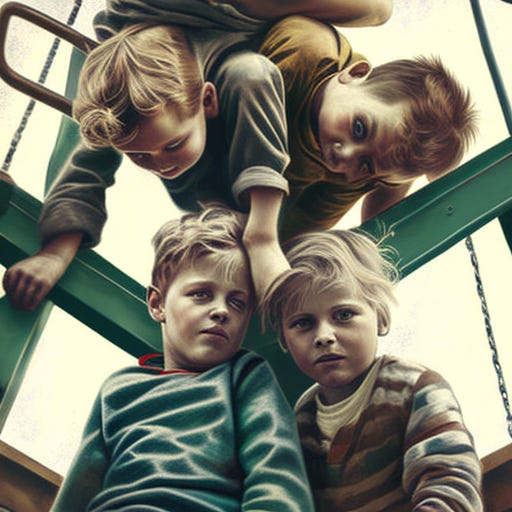 A group of four boys playing on a playground, carefree from the perspective of their loving father