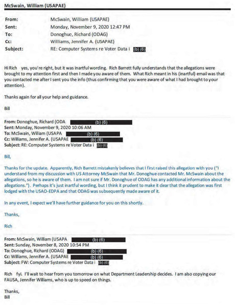 Portion of email exchanges between US Attorney McSwain and “The Council” awaiting guidance to investigate massive election fraud reported on November 7th, 2020.