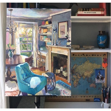 A painting of a room with a map and books on a shelf

Description automatically generated