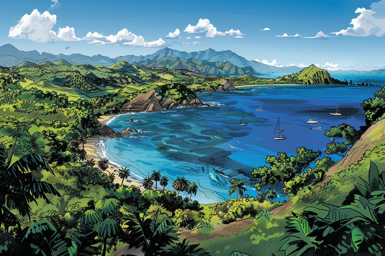 graphic novel illustration of the top of a hill on an island overlooking the beautiful scenery and sea with boats floating around