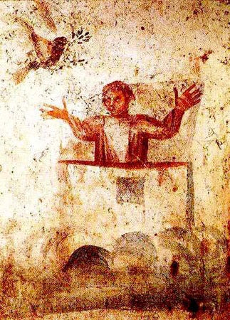 An ancient painting of Noah praying with his hands open wide