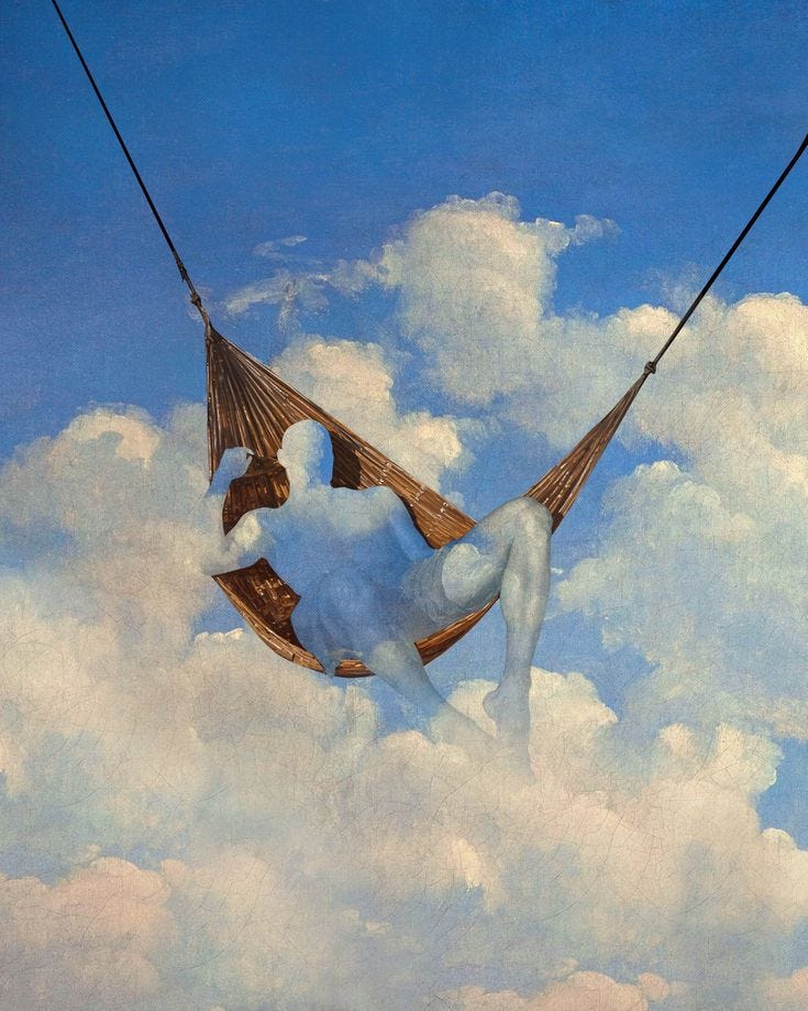 This may contain: a painting of a man laying in a hammock suspended by strings above the clouds